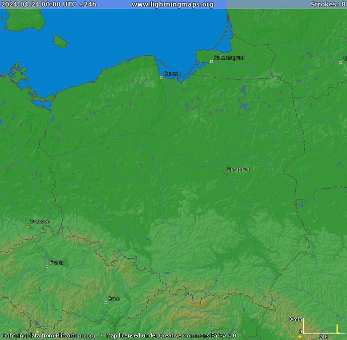 Lightning map Poland 2024-04-24