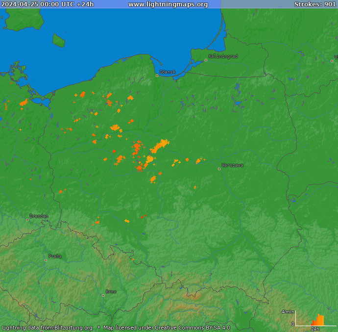 Lightning map Poland 2024-04-25