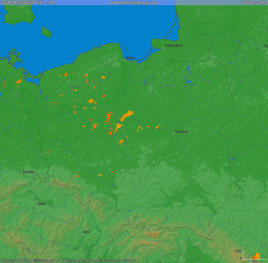 Mapa wyładowań Poland (Big) 2024-04-25