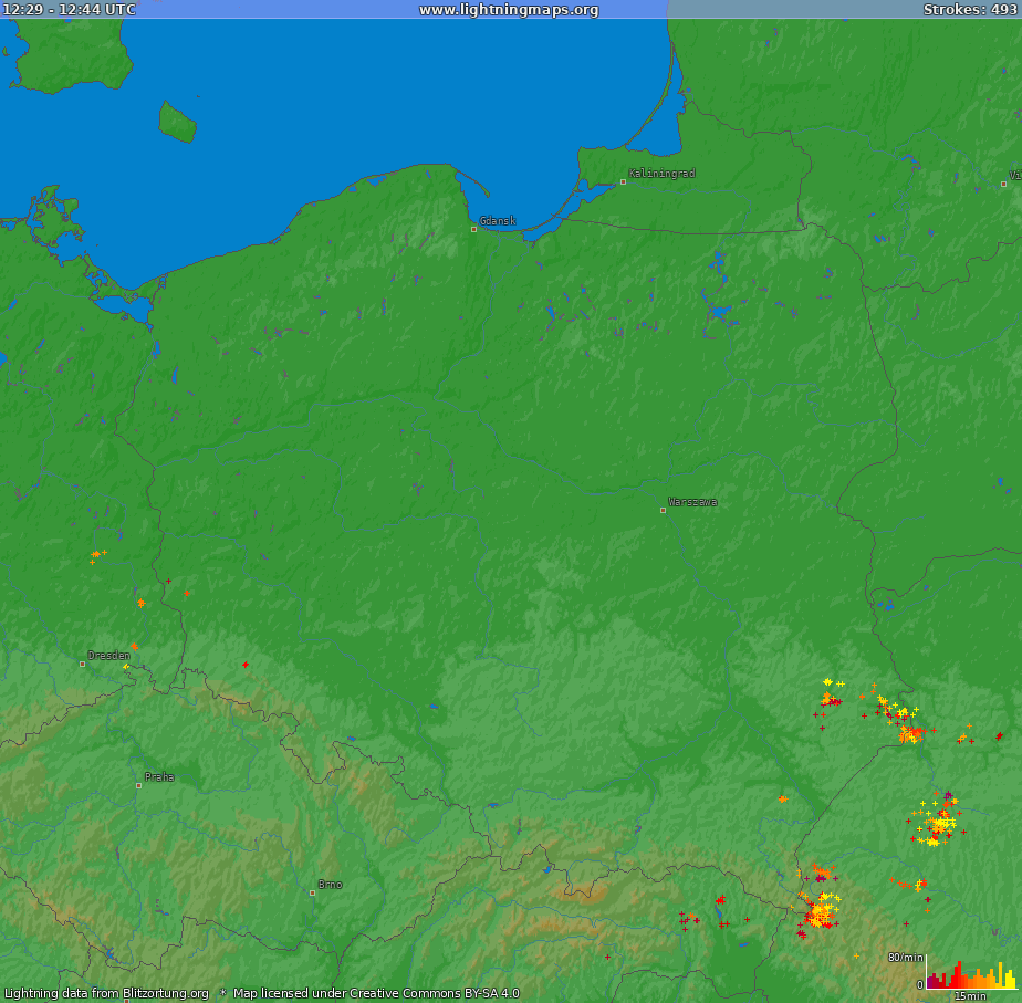 Lightning map Poland (Big) 2024.06.08 19:32:02 UTC