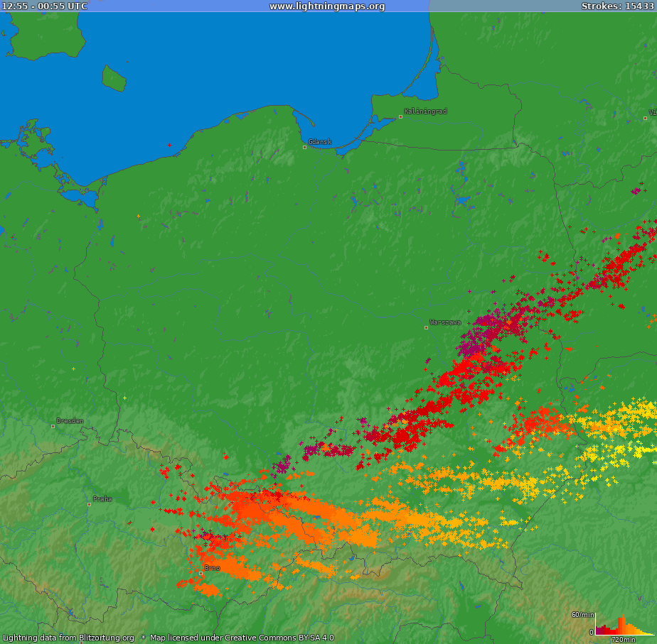 Mapa bleskov Poland (Big) 08.06.2024 05:07:59 UTC