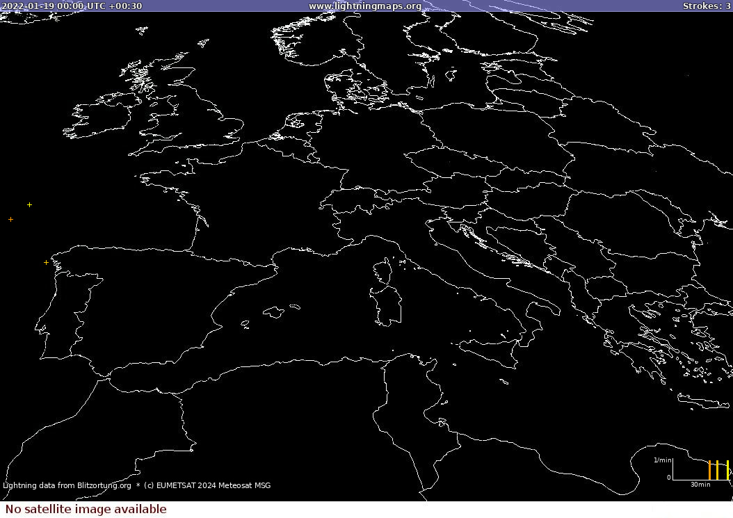Lightning map Sat: Europe Clouds + Rain 2022-01-19 (Animation)