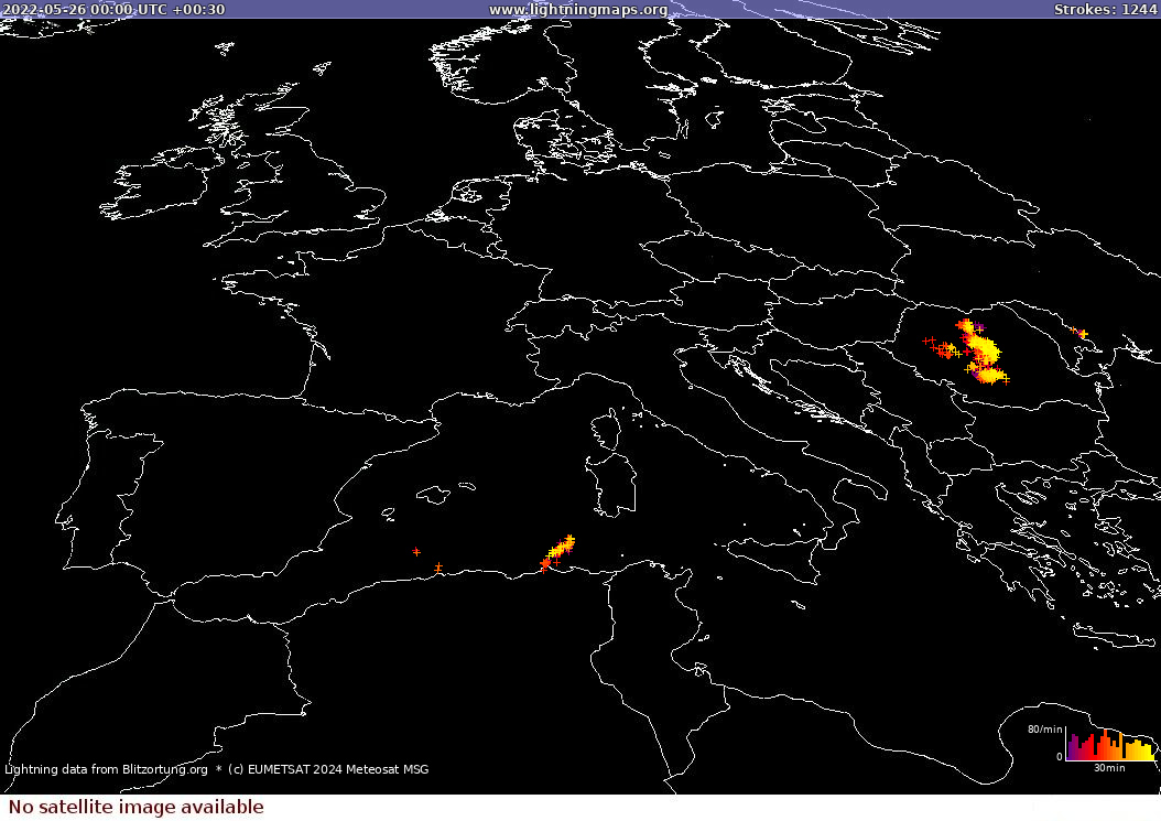 Mappa dei fulmini Sat: Europe Clouds + Rain 26.05.2022 (Animazione)