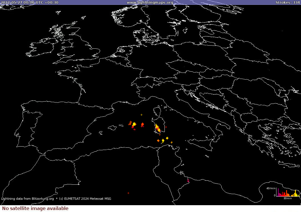 Mappa dei fulmini Sat: Europe Clouds + Rain 27.05.2022 (Animazione)