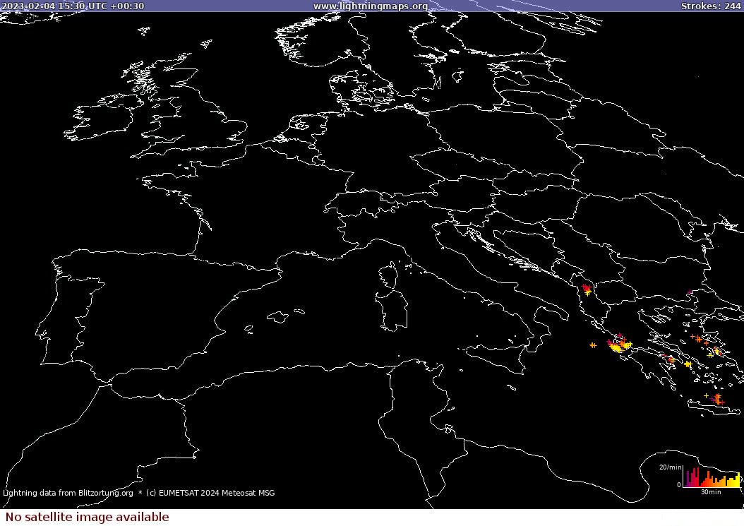 Mappa dei fulmini Sat: Europe Clouds + Rain 04.02.2023 (Animazione)