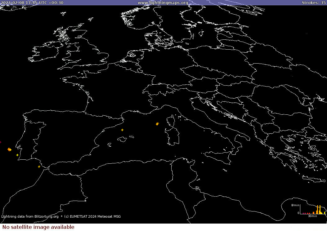 Lightning map Sat: Europe Clouds + Rain 2023-02-08 (Animation)