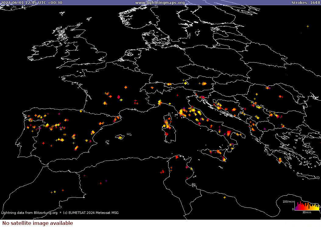 Lightning map Sat: Europe Clouds + Rain 2023-06-01 (Animation)