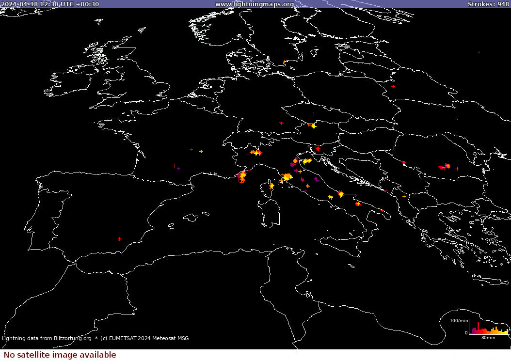 Lightning map Sat: Europe Clouds + Rain 2024-04-18 (Animation)