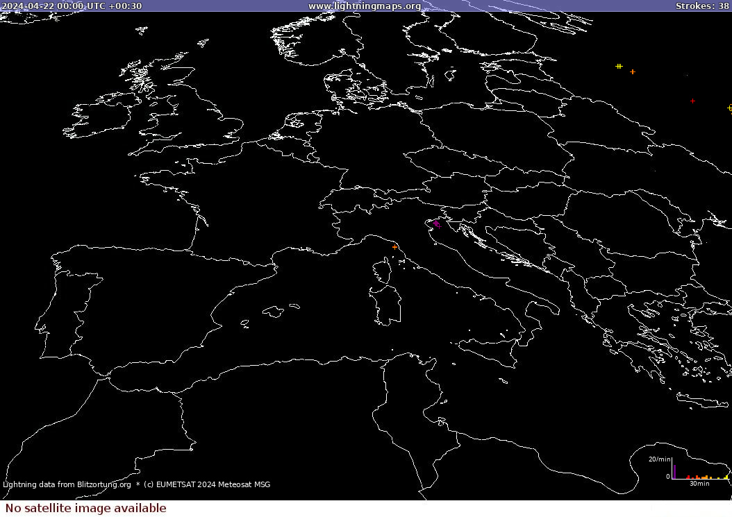 Zibens karte Sat: Europe Clouds + Rain 2024.04.22 (Animācija)