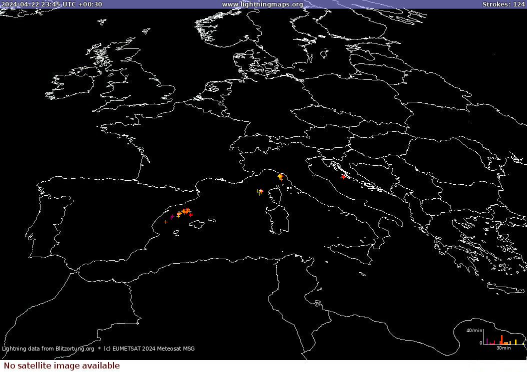 Mappa dei fulmini Sat: Europe Clouds + Rain 23.04.2024 (Animazione)