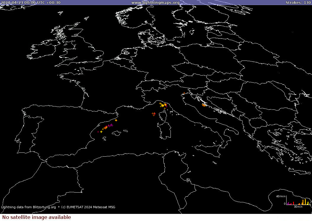 Lightning map Sat: Europe Clouds + Rain 2024-04-23 (Animation)