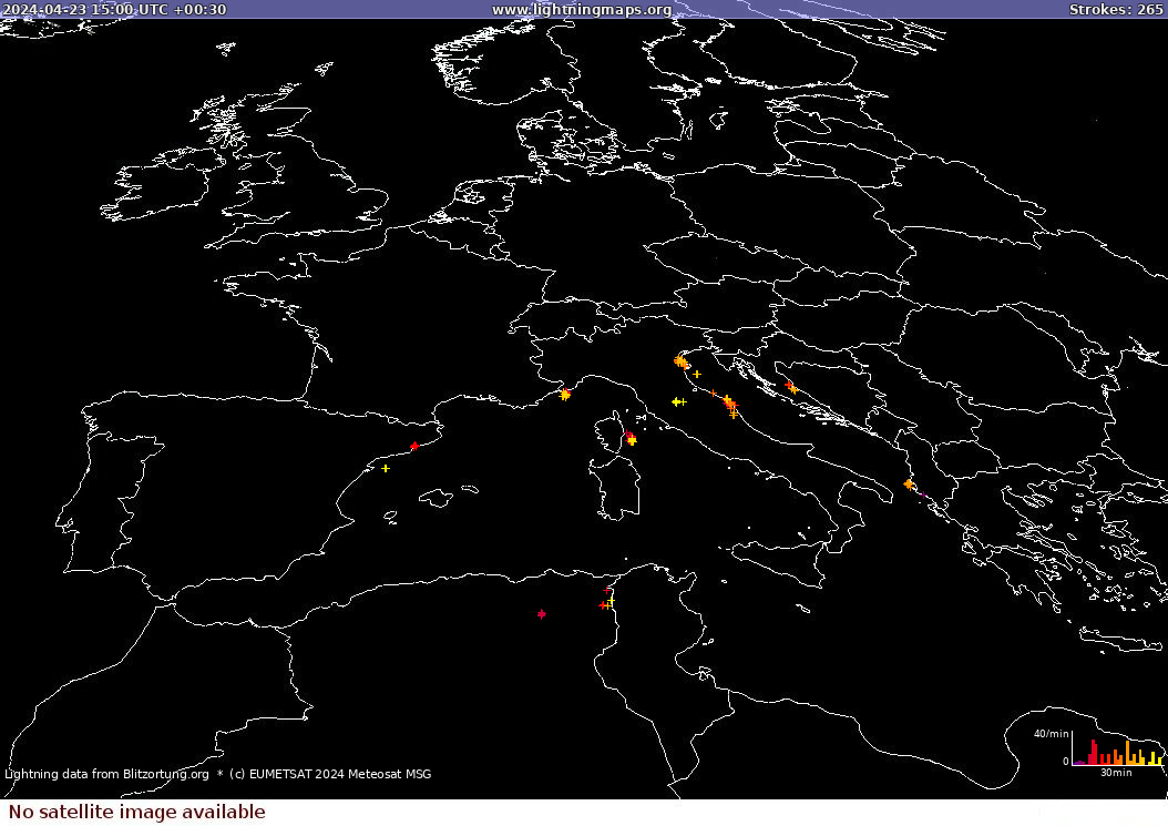 Карта блискавок Sat: Europe Clouds + Rain 23.04.2024 (Анімація)