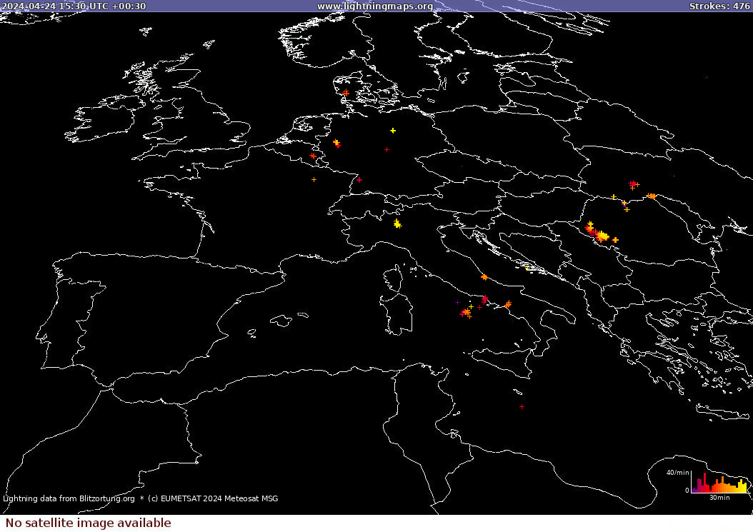 Mappa dei fulmini Sat: Europe Clouds + Rain 24.04.2024 (Animazione)