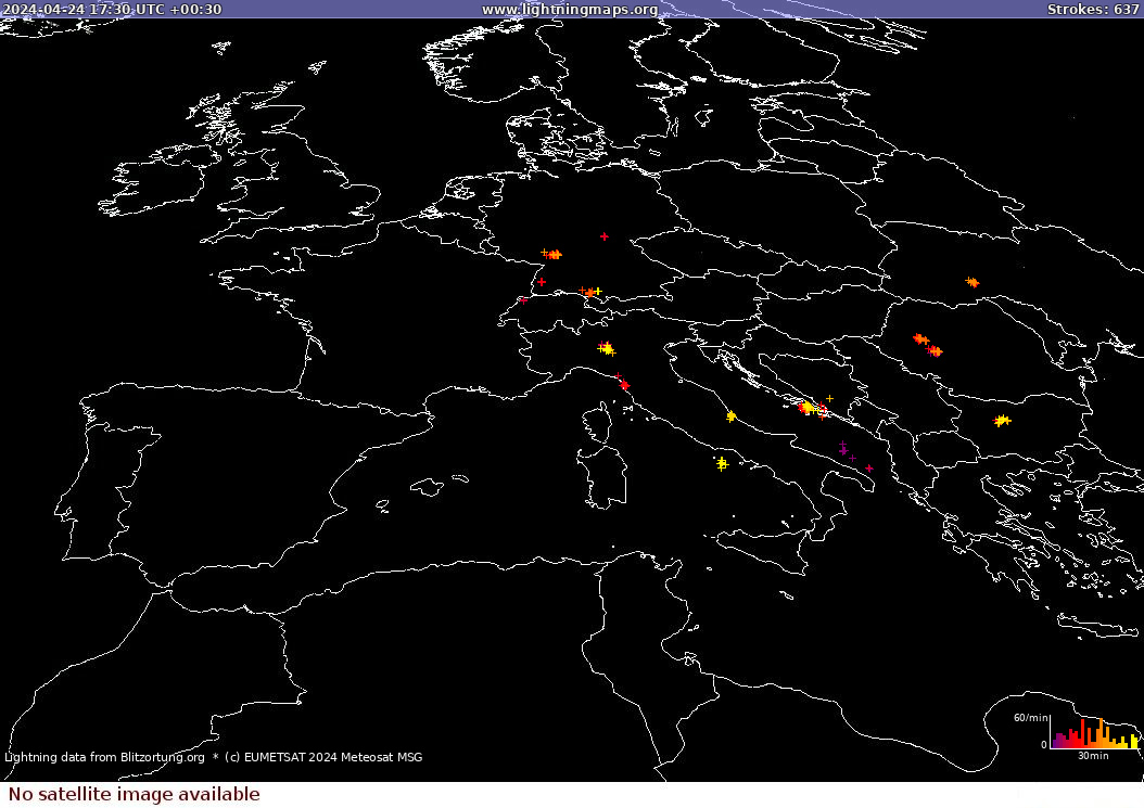 Zibens karte Sat: Europe Clouds + Rain 2024.04.24 (Animācija)