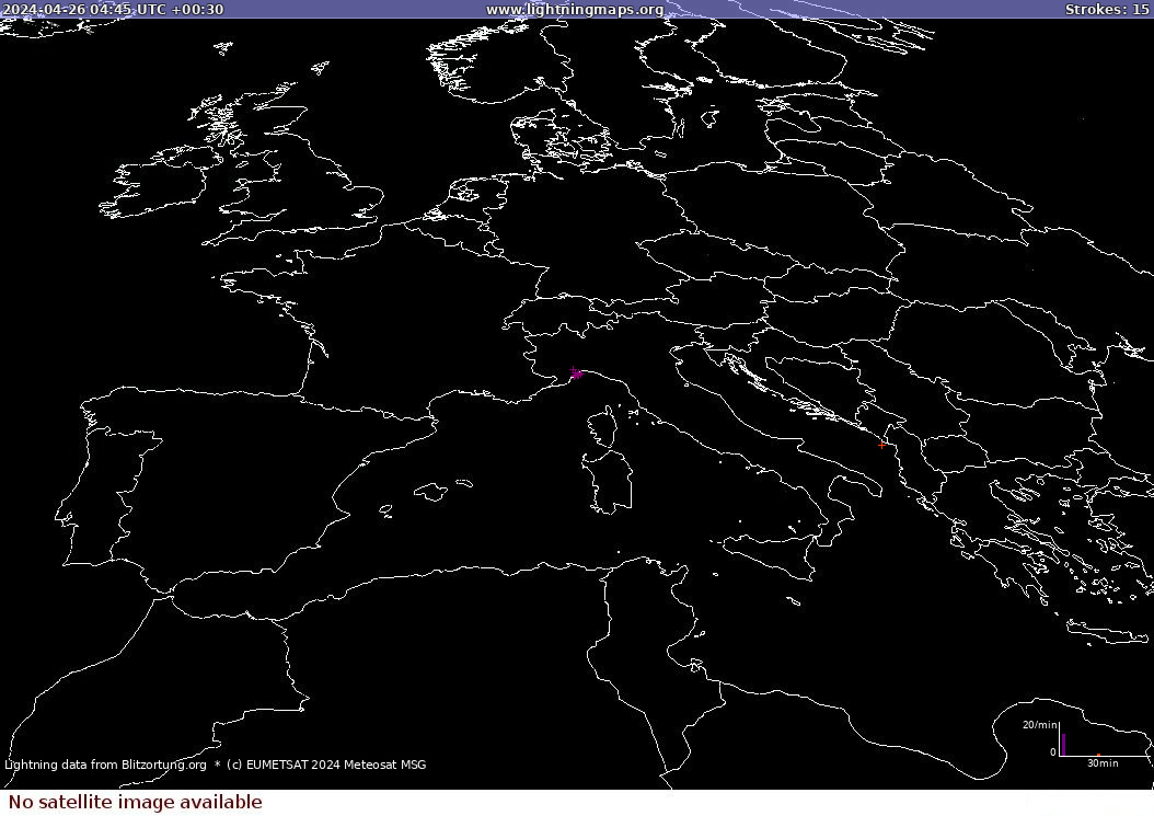 Карта блискавок Sat: Europe Clouds + Rain 26.04.2024 (Анімація)