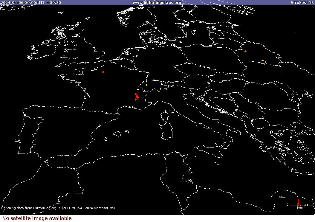 Lightning map Sat: Europe Clouds + Rain 2024-05-06 (Animation)