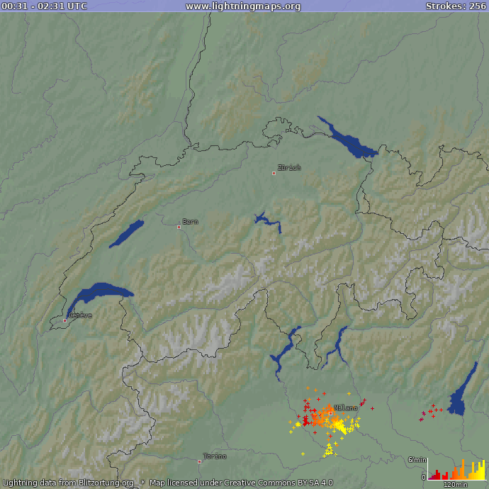 Mapa bleskov Švajčiarsko 10.06.2024 13:17:00 UTC