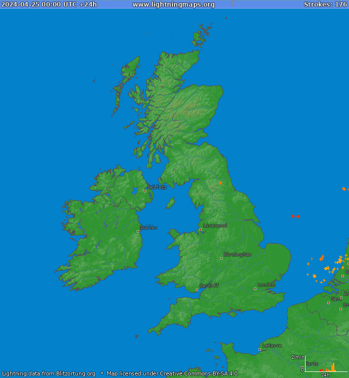 Lightning map United Kingdom 2024-04-25