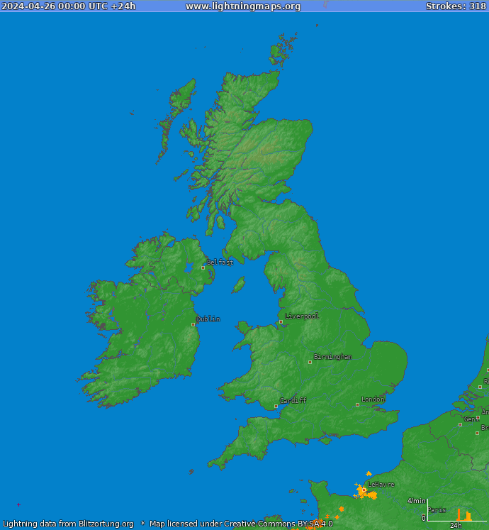 Mapa blesků Spojené Království 26.04.2024