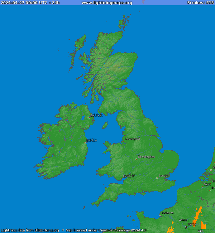 Mappa dei fulmini Inghilterra 27.04.2024