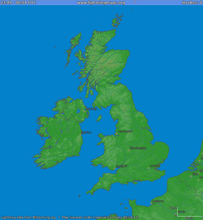 Lightning map United Kingdom 2024.04.25 16:57:31 UTC