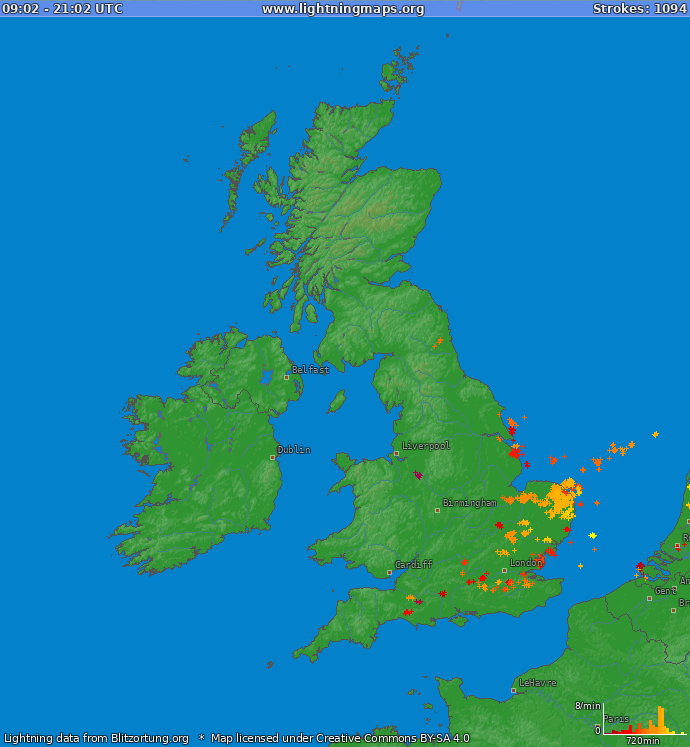 Mapa blesků Spojené Království 20.04.2024 02:33:46 UTC