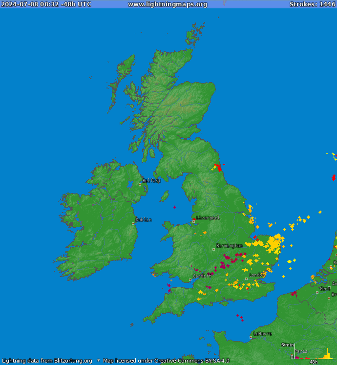 Lightning map United Kingdom 2024.04.25 13:01:55 UTC