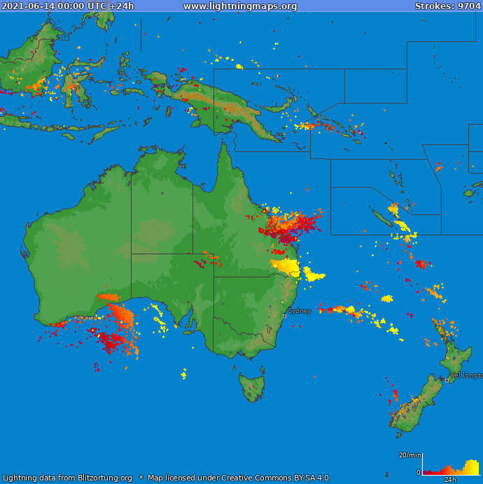 Mapa wyładowań Oceania 2021-06-14