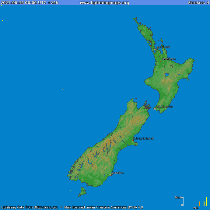 Bliksem kaart Nieuw Zealand 16.06.2021