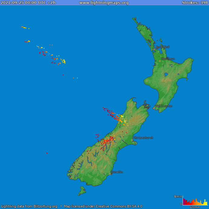 Mapa wyładowań Nowa Zelandia 2021-09-25 (Animacja)