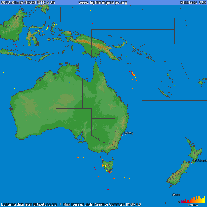 Карта блискавок Океанія 16.05.2022 (Анімація)