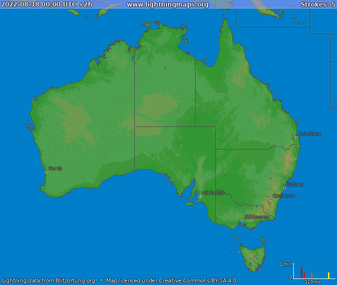 Mapa bleskov Australia 18.08.2022 (Animácia)