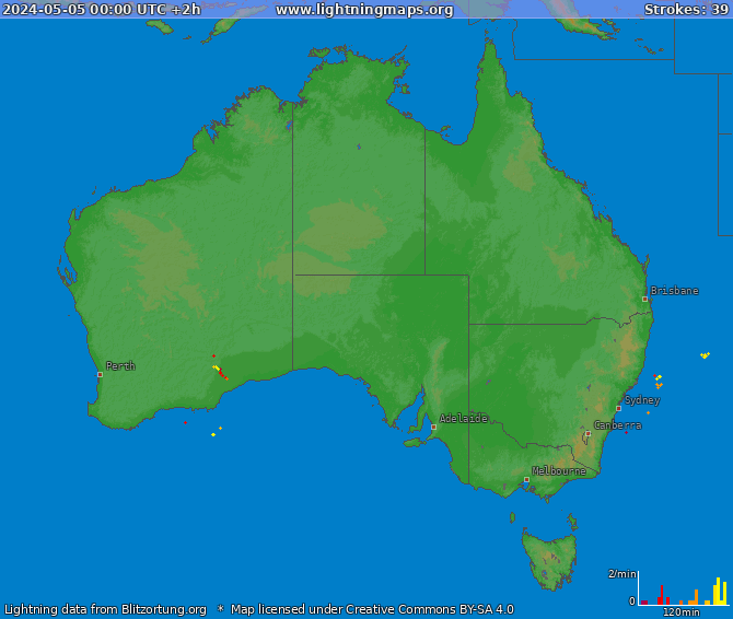 Mapa wyładowań Australia 2024-05-05 (Animacja)