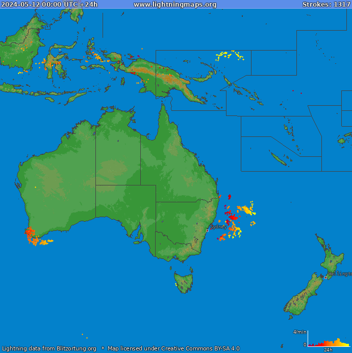 Mapa wyładowań Oceania 2024-05-12