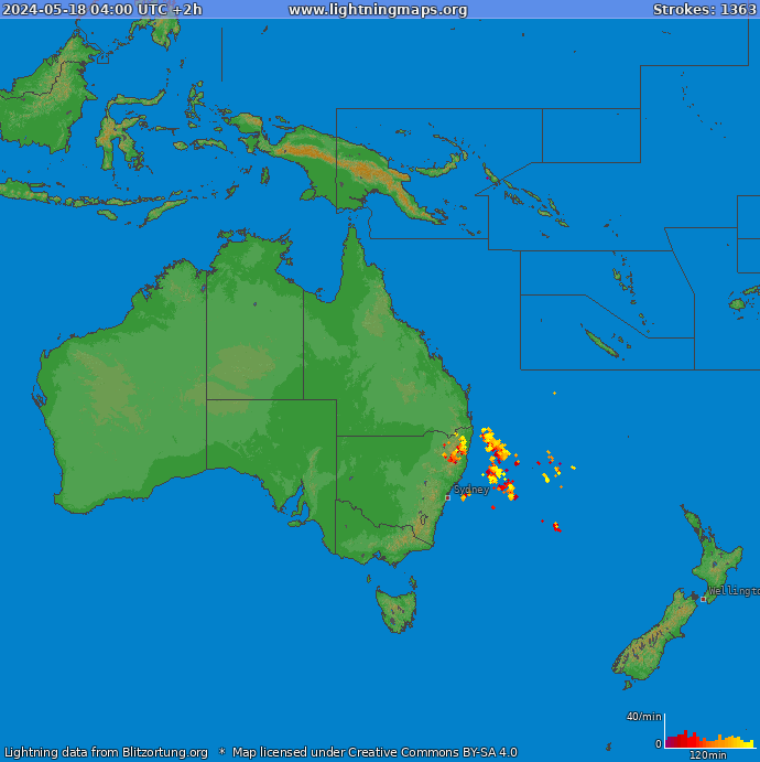 Mapa wyładowań Oceania 2024-05-18 (Animacja)