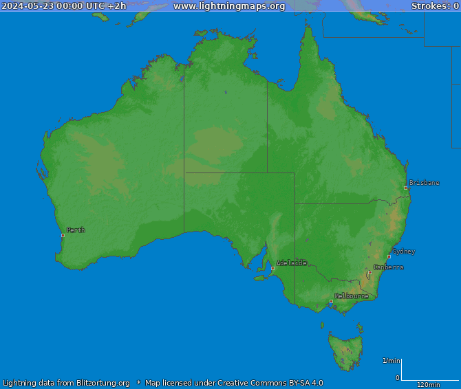 Mapa wyładowań Australia 2024-05-23 (Animacja)