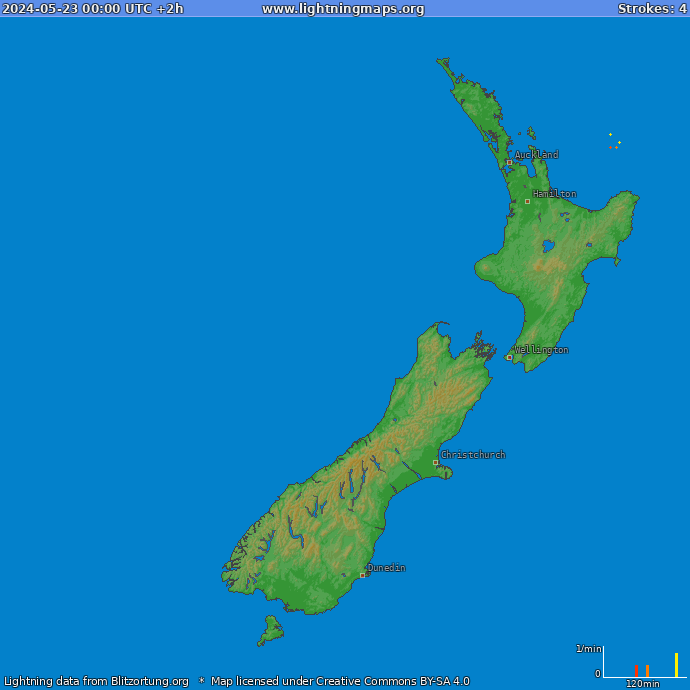 Bliksem kaart Nieuw Zealand 23.05.2024 (Animatie)