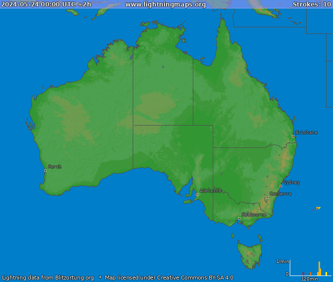 Mapa bleskov Australia 24.05.2024 (Animácia)