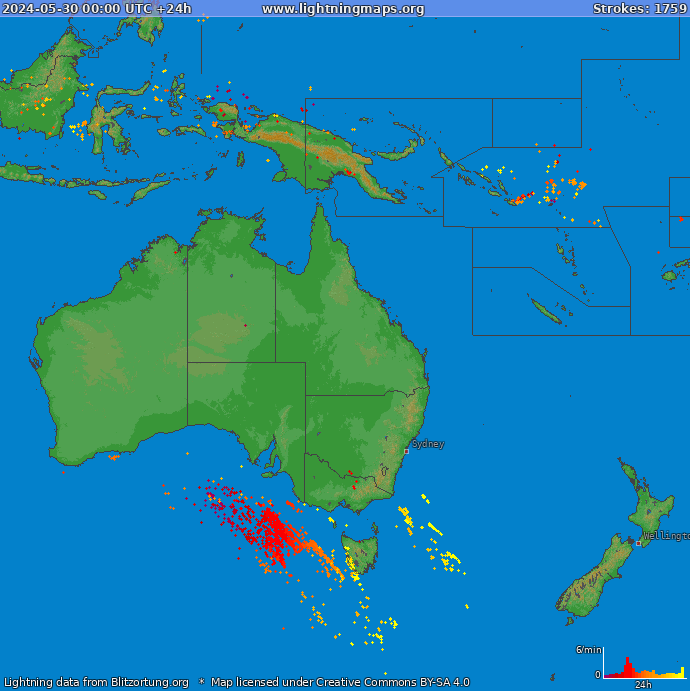 Mappa dei fulmini Oceania 30.05.2024