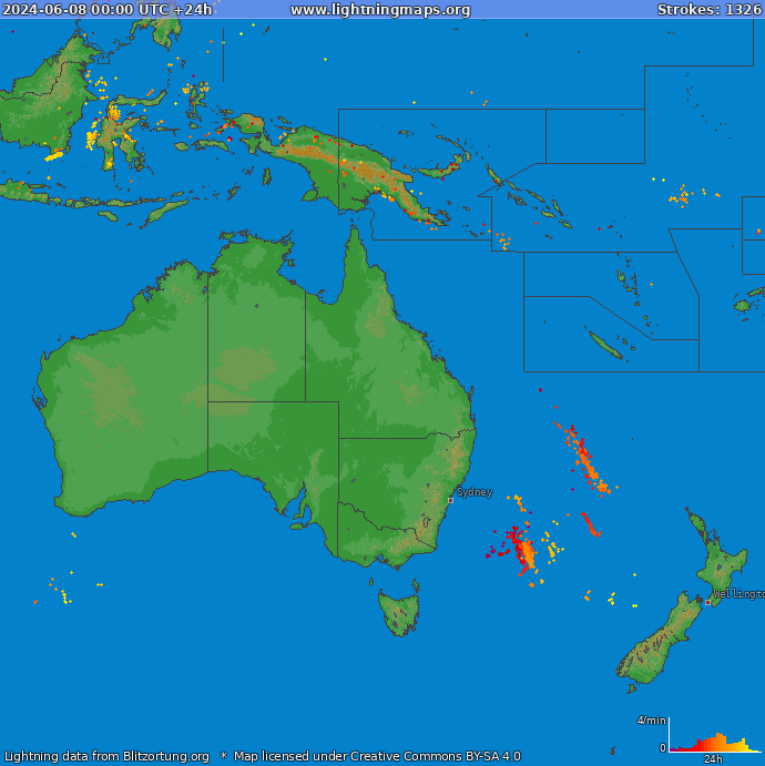 Mapa wyładowań Oceania 2024-06-08