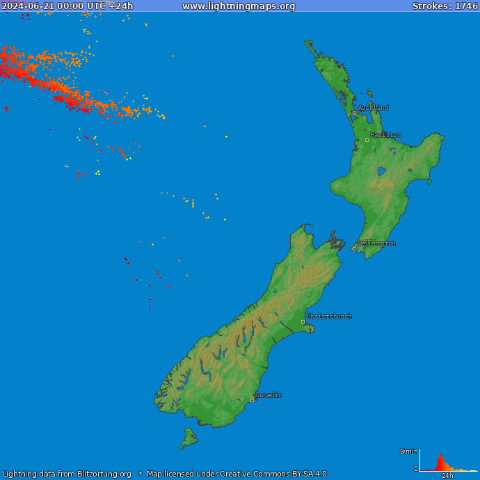 Mapa bleskov Nový Zéland 21.06.2024
