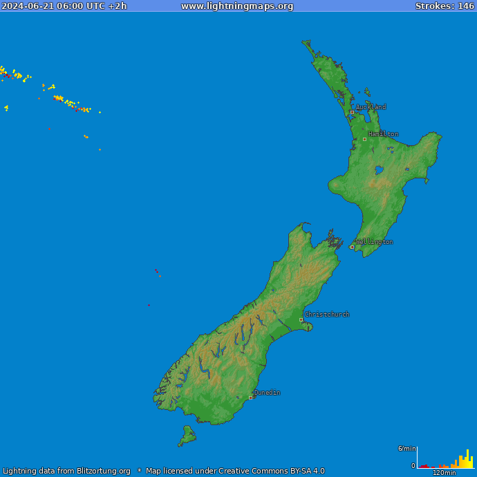 Mapa bleskov Nový Zéland 21.06.2024 (Animácia)