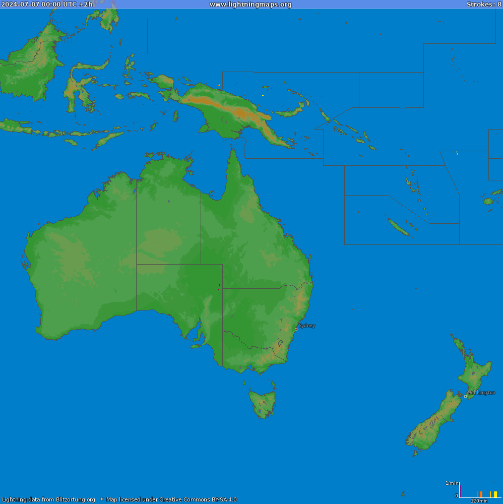 Mapa bleskov Oceania (Big) 07.07.2024 (Animácia)