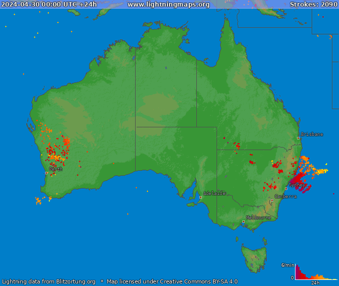 Mappa dei fulmini Australia 30.04.2024