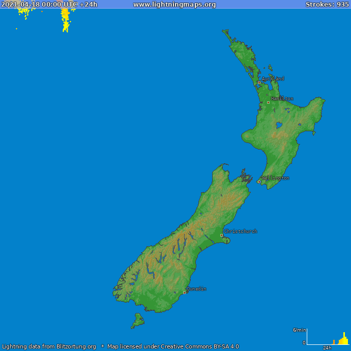 Bliksem kaart Nieuw Zealand 18.04.2021