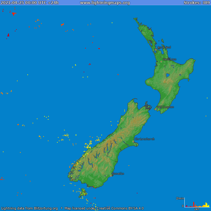 Mapa bleskov Nový Zéland 25.04.2021