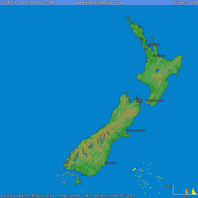Bliksem kaart Nieuw Zealand 27.03.2024