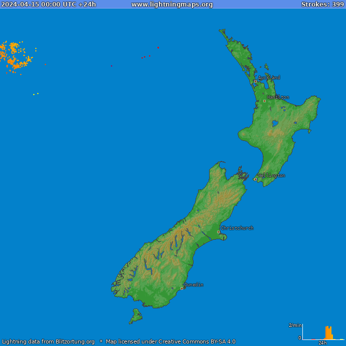 Mapa bleskov Nový Zéland 15.04.2024