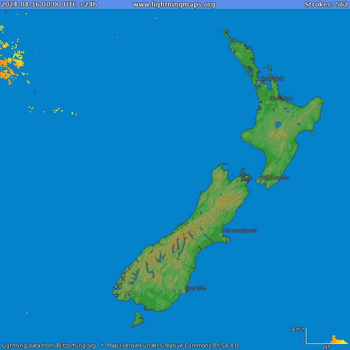 Mapa wyładowań Nowa Zelandia 2024-04-16