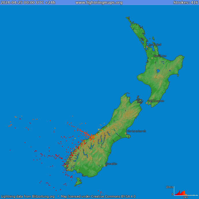 Bliksem kaart Nieuw Zealand 25.04.2024